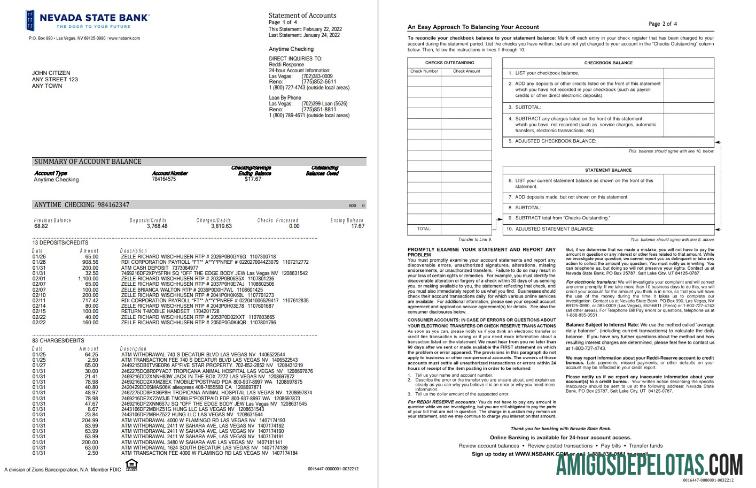 USA Nevada State Bank Anytime Checking 4pages amostra